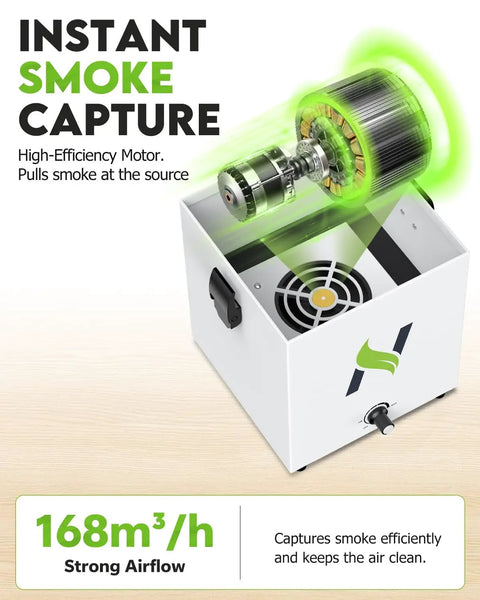 Image of a Solder Fume Extractor With Adjustable Suction 168 Cubic Meters Per Hour H13 HEPA Purification 99.99 Percent Compact Desktop Smoke Absorber, showcasing its high-efficiency motor.