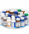 Straight Up Smooth Lazy Susan Turntable Organizer Featuring Ultra Glide Rotation And Smart Three Compartment Design For Zero Hassle Vitamin Pill Medicine Storage On Bathroom Vanities Or Kitchen Counters with various pill bottles.