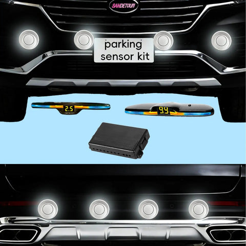 Forward and Reverse Parking Sensor System With Inches Distance Option installed on car bumper, bidirectional display shown.