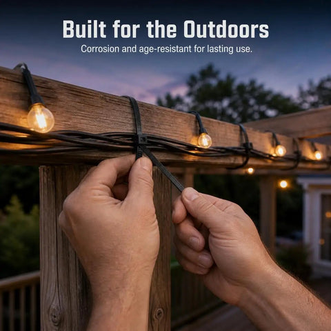 Hands securing Heavy Duty Self Locking Nylon Cable Ties In Black to outdoor lights on wooden deck for weather-resistant cable management.