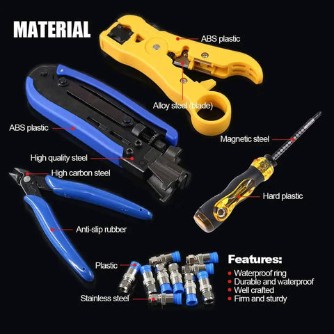 5 In 1 Pro Grade Coaxial Compression Tool Kit With Crimper And Cable Stripper Includes RG6 RG59 RG11 10 Piece F Connectors