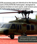 WLtoys K170 UH60L Blackhawk RC helicopter on ground, highlighting K170 Replacement Parts Kit For UH60L Blackhawk RC Helicopter.