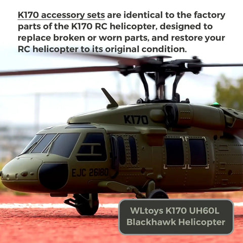 WLtoys K170 UH60L Blackhawk RC helicopter on ground, highlighting K170 Replacement Parts Kit For UH60L Blackhawk RC Helicopter.