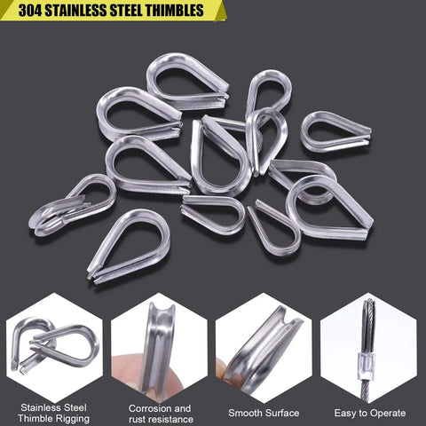 Heavy Duty Wire Rope Thimbles And Aluminum Crimping Loop Sleeves Kit For Rigging Includes 240 Piece Set In 3/64 To 5/32 Inch Range 304 Stainless Steel And Aluminum Construction For Outdoor Cables