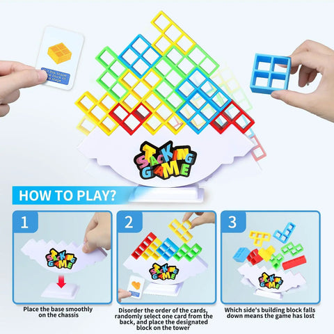 48 Piece Stack Up Tower Game For Adults And Kids Chill Family Game Night Balance Building Blocks Indoor Outdoor Playset Crew Favorite Hangout Activity And Team Bonding Session with colorful pieces and instructions.