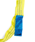 Close-up of yellow Endless Round Sling Set for Rigging and Towing, Beefy Yet Flexible Heavy Duty Polyester Lifting Slings with blue label