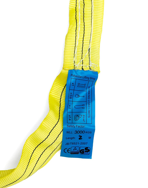 Close-up of yellow Endless Round Sling Set for Rigging and Towing, Beefy Yet Flexible Heavy Duty Polyester Lifting Slings with blue label