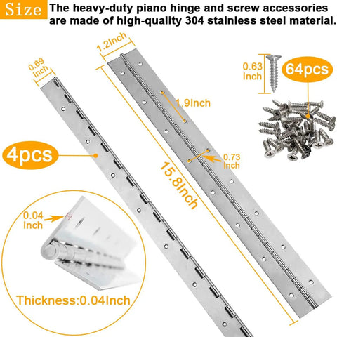 Built Like A Tank 16 Inch Piano Hinges 4 Pack Heavy Duty 304 Stainless Steel Cabinet Hardware with dimensions and screws shown.