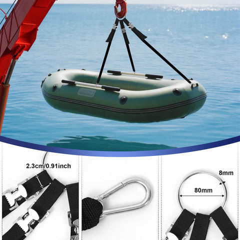 Three Leg Universal Dinghy Lift Slings For Inflatable Boats with Stainless Steel Hardware lifting a small boat.