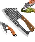 Two Piece Meat Cleaver Set For Home Chefs And Grill Masters Carbon Steel Kitchen Knife with wood handles and leather sheath detail