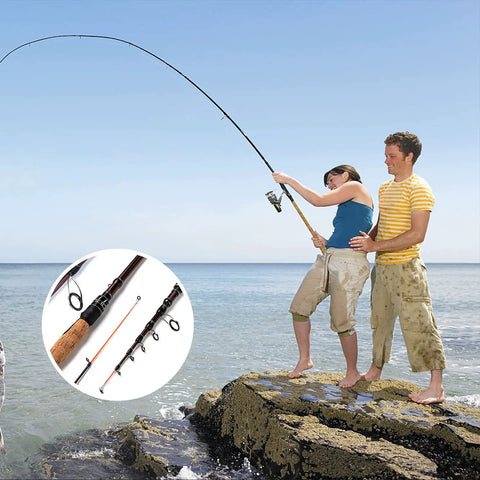 Couple fishing with Go To Telescopic Fishing Rod For Spinning And Casting 6 Foot Travel Rod with cork handle, insert shows rod details