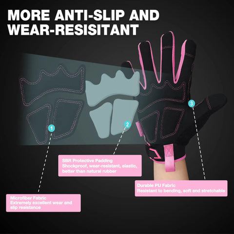 Pink Safety Work Gloves For Women And Men, Medium Size, Tough Polyester Back, Comfortable Ergonomic Fit, Built For DIY, Construction, Gardening, And Everyday Grippy Tasks. Black and pink anti-slip glove showing wear-resistant palm and fingertips.