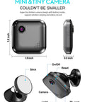 Ultra Compact 1080P Spy Camera WiFi Night Vision Mini Nanny Cam with size dimensions in detailed view, 1.5 x 0.5 inches.