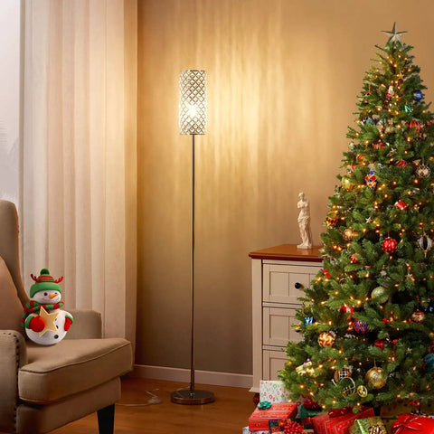 Lit Crystal Floor Lamp With Sparkling K9 Crystal Shade in living room beside decorated Christmas tree