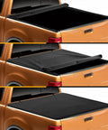 Premium Pull-Lock-Go Tonneau Cover For Ford Ranger 5ft Bed, showcasing various rolled positions on an orange truck.
