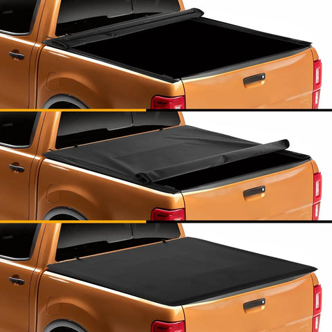 Premium Pull-Lock-Go Tonneau Cover For Ford Ranger 5ft Bed, showcasing various rolled positions on an orange truck.