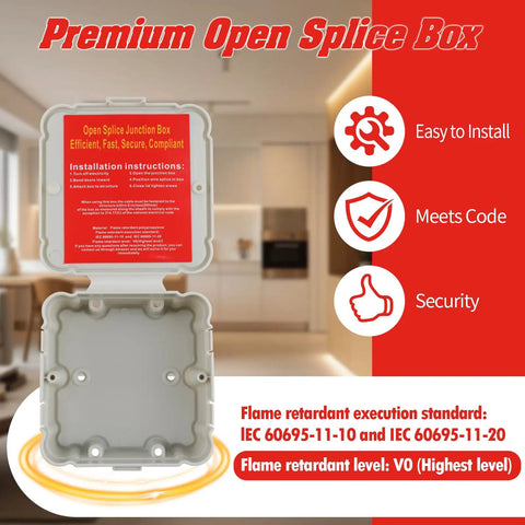 Open Splice Junction Box Single for Quick Fixes, Repair Open Splices in Seconds, 5 Second Installation Splice Box for Electrical Wiring, Durable Wire Junction Box for Home, Outdoor, and Industrial Projects. Gray flame-retardant plastic open splice junction box with installation label