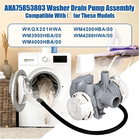Drain Pump Assembly For Front Load Washing Machines AHA75853803 Cross Reference AP6985799 PS12750086 EAP12750086 With Beefed Up Heavy Duty Housing And Balanced Impeller For Efficient Quiet Waste Water Drainage, gray washer pump with hose