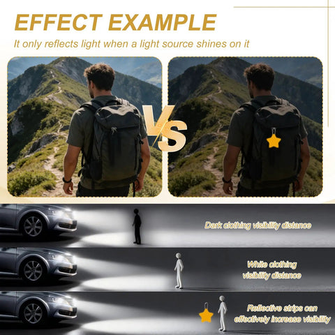 Comparison of visibility with and without Lake Blue Star Shaped Reflective Safety Pendant Keychain With Chain Pack Of 12 effect