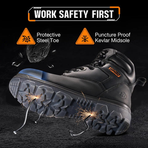Steel Toe Waterproof Work Boots For Men, Tough As Nails, Puncture Proof, Oil And Slip Resistant, EH Electrical Hazard Protection shown in profile view