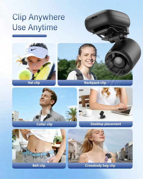 Featherlight Clip On Fan For Outdoor Cooling On The Go Ultra Lightweight 2oz USB C Rechargeable Portable Face Cooling With 3 Speeds Hands Free Hat Clip For Baseball Cap Visor And Sports Fans shown with multiple clip options.
