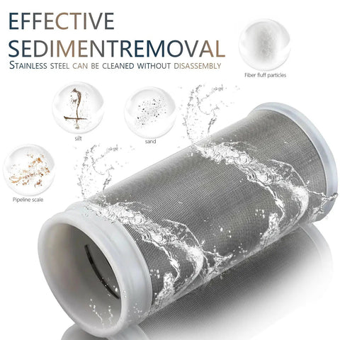 Top Notch 40 Micron Brass Inline Sediment Filter Keeps Your Water Flowing Smooth With Universal Fit For Washing Machine Shower And Garden Hose Featuring Reusable Anti Clogging Screen And Rust Resistant Body, showcasing stainless steel screen with water flow.