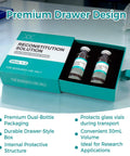 Front view of teal box containing two 30 mL glass vials labeled Reconstitution Solution for research use only.
