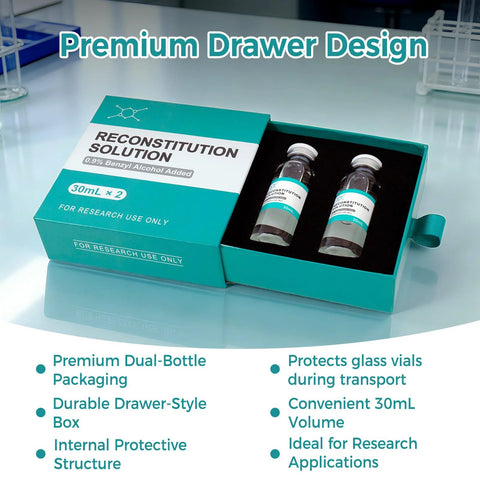 Front view of teal box containing two 30 mL glass vials labeled Reconstitution Solution for research use only.