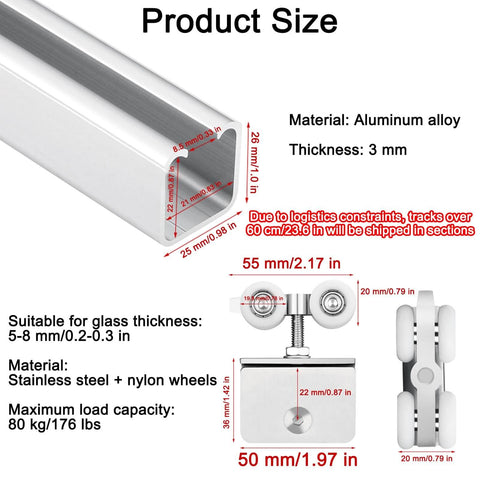 Quiet Sliding Door Track Kit With Silent Rollers For Glass Closet Barn Pocket Doors Ceiling Mounted Aluminum Rail Pro Grade Build Adjustable Length From Three Point Three To Twenty One Point Seven Feet, aluminum rail and roller dimensions