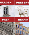 Collage showing wood repair process using the Wood Repair Epoxy Paste And Wood Hardener Kit for DIY window sill restoration.