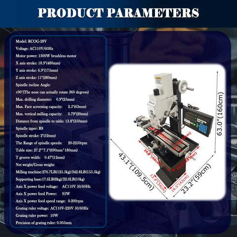 Badass 1300W Brushless Milling And Drilling Machine With R8 Taper Power Feed And Three Axis DRO 50 To 2250RPM Variable Speed for metal wood DIY workspace dimensions and parameters.