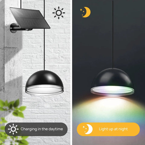 Three In One Solar Powered Pendant Light Multicolor RGBW showing day charging and night illumination in outdoor setting