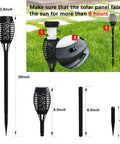 Diagram of Upgraded 10 Pack Solar Torch Lights Outdoor With Realistic Flickering Flames Waterproof Solar Powered Tiki Torches with measurements and installation steps.
