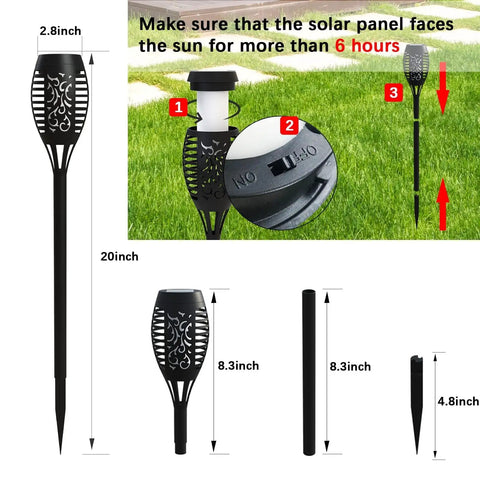 Diagram of Upgraded 10 Pack Solar Torch Lights Outdoor With Realistic Flickering Flames Waterproof Solar Powered Tiki Torches with measurements and installation steps.