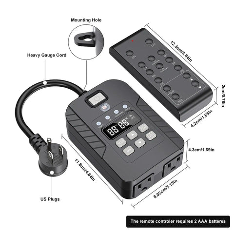 Heavy Duty Outdoor Light Timer Waterproof With Remote 15Amp Dual Grounded Outlet showcasing remote control and dimensions.