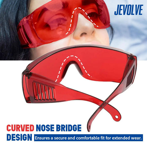 Built Tough Dental Protective Goggles Offering Straight Up Heavy Duty Laser Safety And Ultraviolet Led Shielding To Keep Your Vision Sharp While Dodging Lens Fog During Those Nonstop Clinical Days. Red goggles with curved nose bridge design.