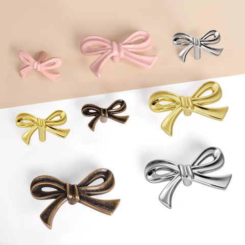 Brushed Gold Bow Dresser Knobs Set Of 8, Large Decorative Drawer Pull Handles in multiple finishes for Girls Bedroom and Nursery