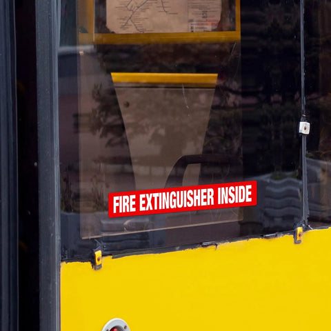 Fire Extinguisher Inside Sign 4 Pack 12x2 Inches Self Adhesive Vinyl Floor Decals laminated on a vehicle window
