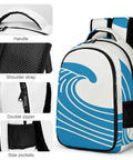 Unisex Minimal Wave Art Backpack in Cobalt Blue with sturdy zippers, breathable shoulder straps, and side pockets.