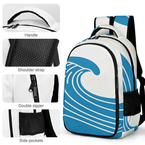 Unisex Minimal Wave Art Backpack in Cobalt Blue with sturdy zippers, breathable shoulder straps, and side pockets.