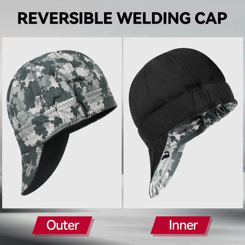 Reversible Welding Cap With Elastic Retractable Band For All Day Comfort 8 Panel Welders Hat Made From Fireproof Cotton 10 oz Safe Gear Outer Inner View