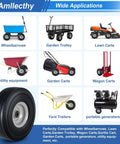 Uses of Flat Free Solid PU Run Flat Tire Wheels Set for Hand Trucks and Garden Carts 10x3.50-4 inch, varied equipment.