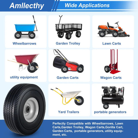 Uses of Flat Free Solid PU Run Flat Tire Wheels Set for Hand Trucks and Garden Carts 10x3.50-4 inch, varied equipment.