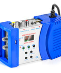 Blue RF Modulator for TV transforms HDMI or CVBS RCA into RF coaxial, features VHF UHF output with PAL NTSC support and F female connector.
