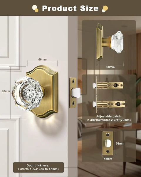 Octagonal Diamond Crystal Doorknob In Antique Brass Finish, Keyless Passage Door Knob Ideal For Hall Closet Pantry Or Laundry Room, Heavy Duty Zinc Rosette Plate, Durable Interior Door Hardware 1 Pack, showing dimensional details and components