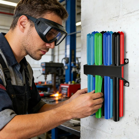 Person organizing welding rods on wall rack in workshop