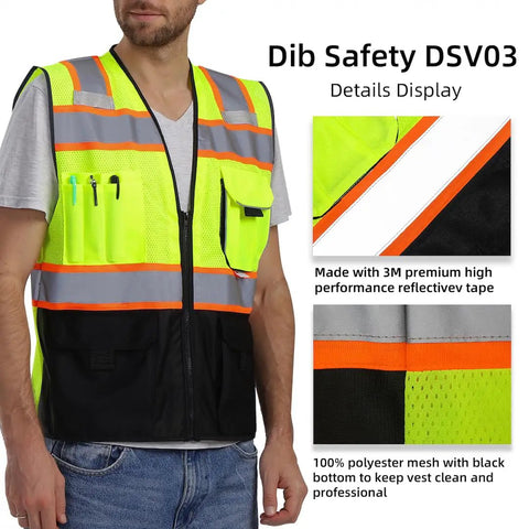 High Visibility Reflective Safety Vest With Pockets And Zipper, ANSI Class 2 Mesh, 3M Reflective Tape, Yellow And Black, Large