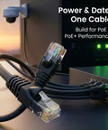 Black Cat 6 Ethernet cables connecting to a router, showcasing snagless gold-plated RJ45 connectors for networking.