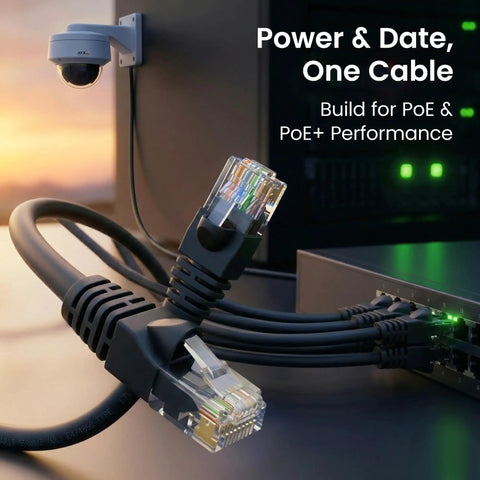 Black Cat 6 Ethernet cables connecting to a router, showcasing snagless gold-plated RJ45 connectors for networking.