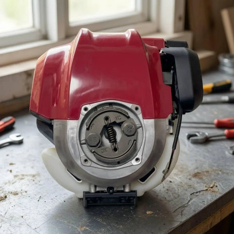 Ready To Mount Gas Powered Replacement Engine For Lawn Mowers And Small Machinery With Hassle Free Swap And Durable Black Housing rear view motor with red case and silver base.